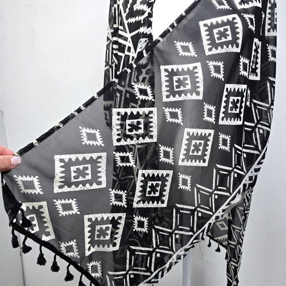 Women's Black White Aztec Tribal Fringe Boho Swim Cover Cardigan Kimono Poncho - Picture 4 of 7